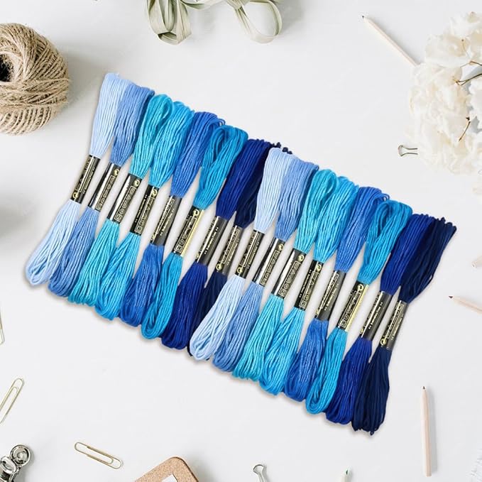 16 Skeins 131 Yards Embroidery Thread Friendship Bracelets String Cross Stitch Threads Cotton Floss Yarn 6 Ply 1.2mm for DIY Making Sewing Needlework Knitting Stitching Craft Supply Blue