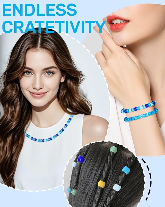 1000+Pcs Pony Beads,Assorted Blue Kandi Beads for Bracelet Making, Hair Braids, Necklaces, Key Chains, Jewelry
