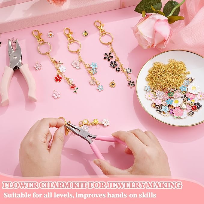 PYURTHITY 254 Pcs Flower Charms Lip Gloss Keychain Making Kit Include Colorful Floral Enamel Charms Keychain Clips Extender Chains Jump Ring Plier DIY Jewelry Crafts Gifts for Women Adults