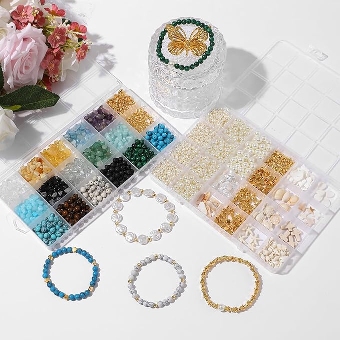 2100Pcs Jewelry Making Kit for Adults Women with Pearl Bead Crystal Beads Shell & Turquoise, 20 Colors Beads with Gold Bead Beading Kit for Bracelets, Necklace, Ring DIY Crafts Jewelry Making Kit
