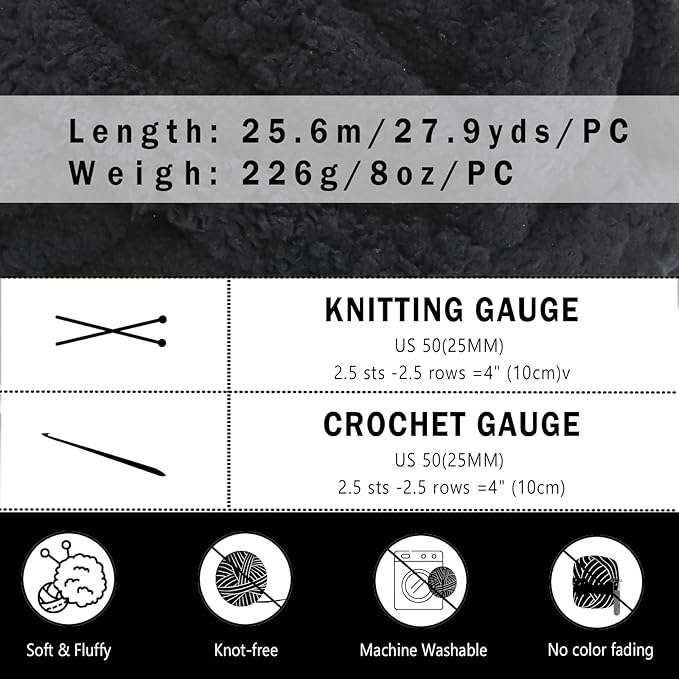 8 Pack Black Chunky Yarn for Hand Knittingd, Chunky Chenille Yarn for Crocheting, Super Bulky Chunky Knit Blanket Yarns (27.9 yds,7.97 oz Each Skein)