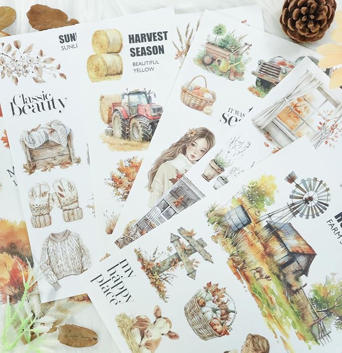 Cozy Autumn Journaling Sticker Book, 20 Sheets Pe-Cut PET, Washi Tape, and Craft Paper Stickers for Junk Journal Supplies, Aesthetic Fall Stickers for Bujo, Collage, Scrapbook Supplies