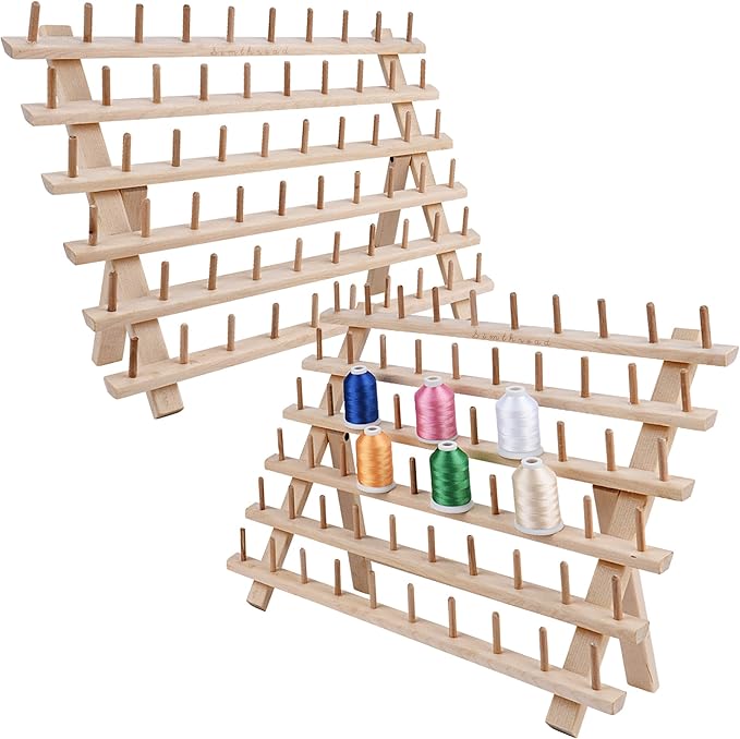 Simthread [Upgraded] 60x2 Spools Wooden Thread Holder, Braiding Rack, Organizer Stand with Hanging Hooks for Embroidery Sewing Thread Rack