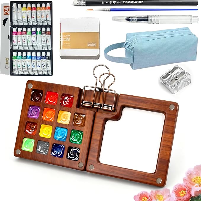 Mini Watercolor Travel Set for Beginners 24 Color Portable Watercolor Paint Set with Walnut Wood Palette Water Brush & Sketchbook Compact Travel Art Supplies for Artists beginner & Painters