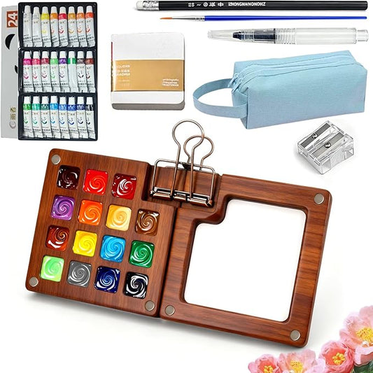 Mini Watercolor Travel Set for Beginners 24 Color Portable Watercolor Paint Set with Walnut Wood Palette Water Brush & Sketchbook Compact Travel Art Supplies for Artists beginner & Painters