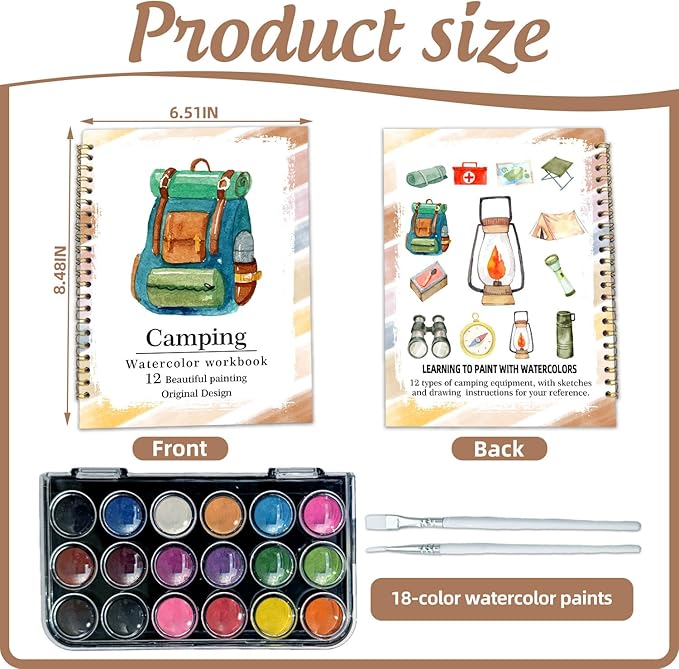 Watercolor Workbook, Water Coloring Book, 12 Different Patterns of Original DIY Designs, 18 Colors Watercolor Paint Set, Beginner-Friendly Watercolor Workbooks (Camping), Perfect Gifts for Adults