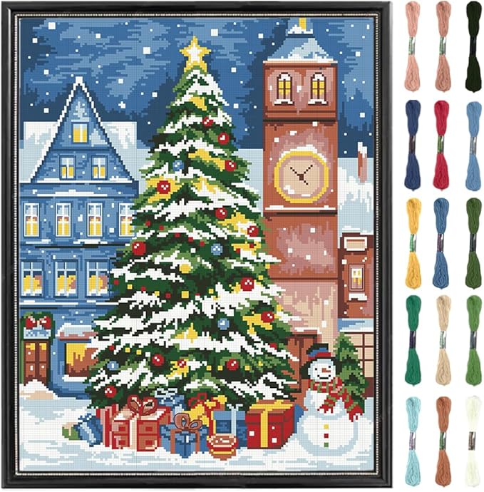 FREEBLOSS 11CT Christmas Tree Printed Cross Stitch Kits Stamped Embroidery Kits with Instruction Wall Hanging Kit for Needlepoint Adults Wall Art Decoration 16x20in/40x50cm