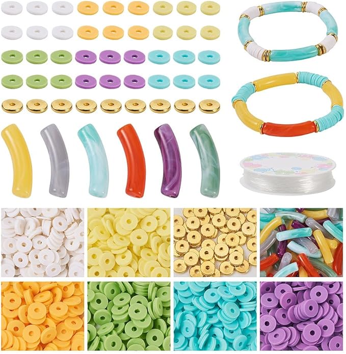 Sparkeads 72PCS Bamboo Tube Bracelet Making Kit for Women Friendship Gift Stacking Bangles Chunky Curved Acrylic Beads Clay Beads Metal Spacers Elastic Thread