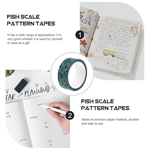2pcs Green Washi Tape Decorative Masking Adhesive Tape，Oriental Aesthetics Mermaid Fish Scale Tape for DIY Crafts Gift Wrapping Planners Arts and Crafts Tape Adhesives,Arts and Crafts Tape,Adhesives