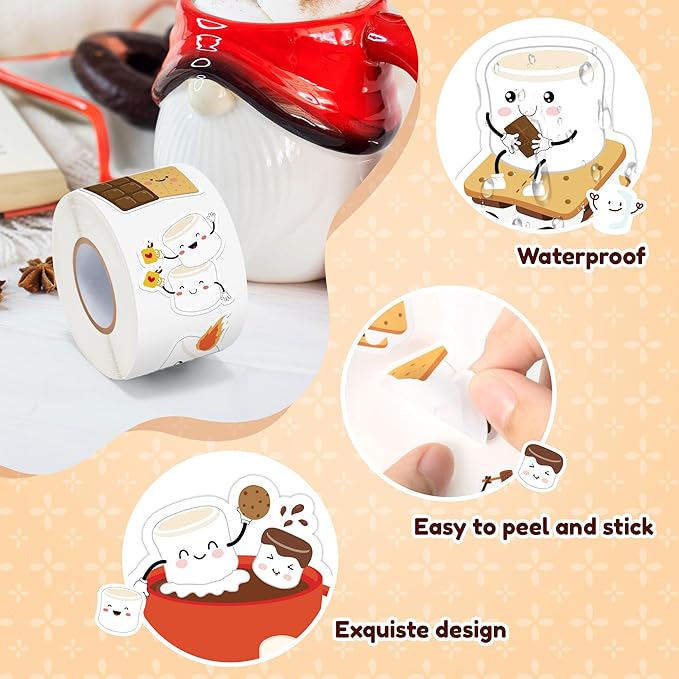 beyumi cute marshmallow sticker roll - 1000pcs smores stickers in 2 rolls waterproof vinyl marshmallow themed funny expression decals for gift party laptop bottle scrapbooking envelope decor for kids