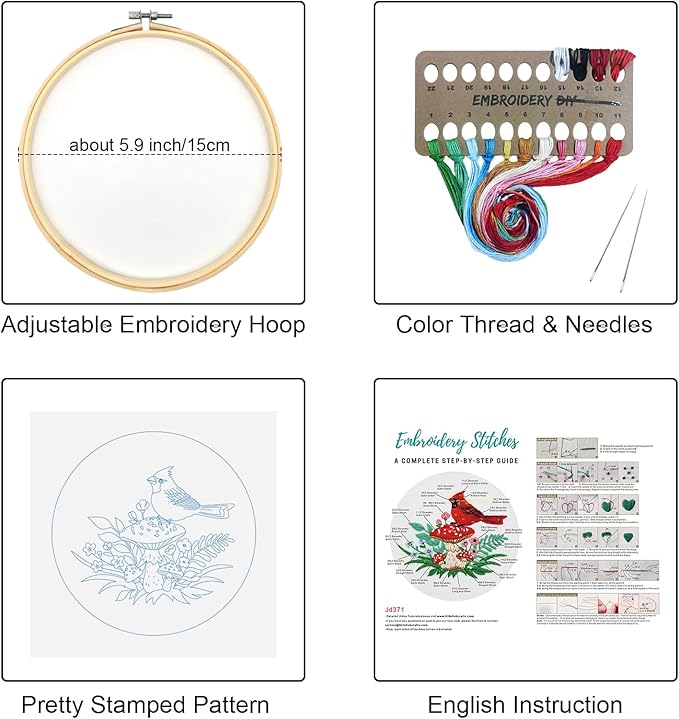 Louise Maelys Cardinal Mushroom Embroidery Kits for Beginners,Cross Stitch Kit for Adults,DIY Needlepoint with Flowers Pattern