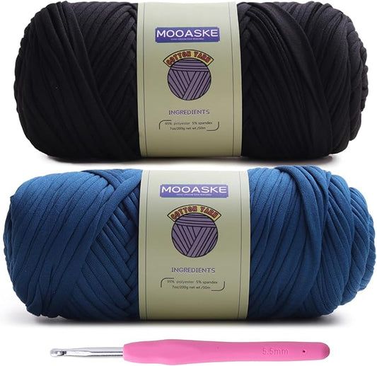 2 Pack T-Shirt Crochet Yarn for DIY Knitting Crochet Cloth Blanket Bag Dolls - 400g Chunky Thick Yarn for Crocheting with Polyester-Spandex Blend Elastic Fabric (Black+Denim Blue)