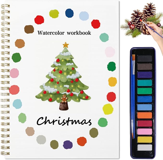 Watercolor Workbook for Adults - Watercolor Sketchbook with 12 Beginner-Friendly Sketched Illustrations, Lay-Flat Spiral Pages, 120lb Premium Watercolor Paper(Christmas)