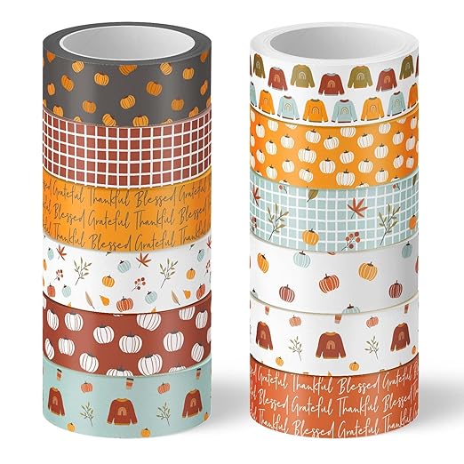 Whaline 12 Rolls Fall Boho Washi Tape Autumn Pumpkin Sweater Washi Tape Decorative Masking Tape for Thanksgiving Harvest Scrapbook Journal DIY Art Craft Gift Wrapping Supplies