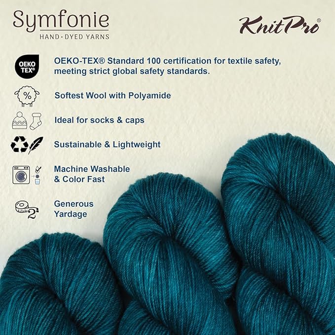 KnitPro Symfonie Fingering Weight Hand Dyed Semi-Solid Yarn Skein | Extra Fine Merino Wool & Polyamide Blend for Knitting & Crocheting, Oeko-TEX Certified 400m, 100g | Terra Peacock Green