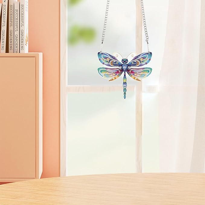 AiYuanzsh Animal Dragonfly Diamond Painting Kit Ornament with Hanging Chain DIY Diamond Art Acrylic Crystal Hanging Pendant Paint by Number Stained Glass Wall Art for Adults Home Wall Decor Gift