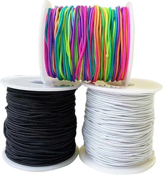 1.2mm Elastic Cord for Bracelets, Elastic Cord String for Bracelets Making, QBJAYTY 3-Color Beading Cord String for Bracelet Making, Elastic Black White Rainbow String
