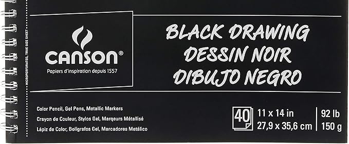 Canson XL Series Drawing Paper, Black, Wirebound Pad, 11x14 inches, 40 Sheets (92lb/150g) - Artist Paper for Adults and Students - Colored Pencil, Ink, Pastel, Marker