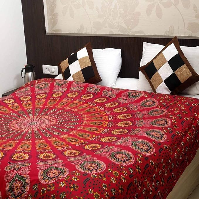 bless international handmade indian hippie bohemian psychedelic peacock mandala wall hanging college dorm beach throws table cloth bedding tapestry (golden red, queen(84x90inches)(215x230cms))