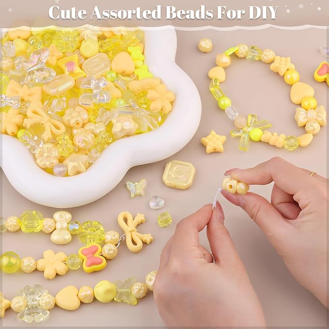 200-260pcs tinkrstuff assorted yellow acrylic beads for bracelet making,cute beads for jewelry making flower bow butterfly candy gummybear aesthetic bracelet charms, diy necklace keychain phone charm