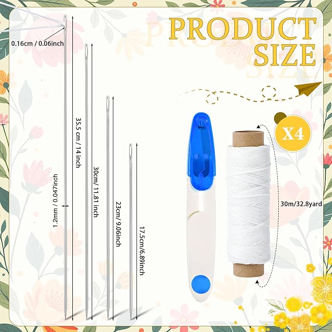 kaiolbly 9 Piece Lei Needle Kit Lei Making Supplies with 4 Long Needles 4 Waxed Strings 1 Sewing Scissors for Hawaiian Leis Stitch Crafts DIY Floral Garland