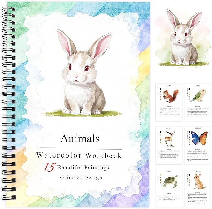 SLWBZ Watercolor Workbooks Coloring Book, Beginner Friendly Painting Kit, Easy Exquisite with Steps, Creative Exploration Watercolor Book for Adults Teens (Cute Rabbit, Without Paint)