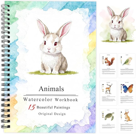 SLWBZ Watercolor Workbooks Coloring Book, Beginner Friendly Painting Kit, Easy Exquisite with Steps, Creative Exploration Watercolor Book for Adults Teens (Cute Rabbit, Without Paint)