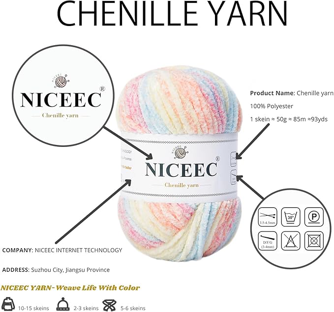 NICEEC 3 Skeins Soft Chenille Yarn Blanket Yarn for Knitting Fancy Yarn for Crochet Weaving DIY Craft Total Length 3×85m (3×93yds, 3×50g)_Candy