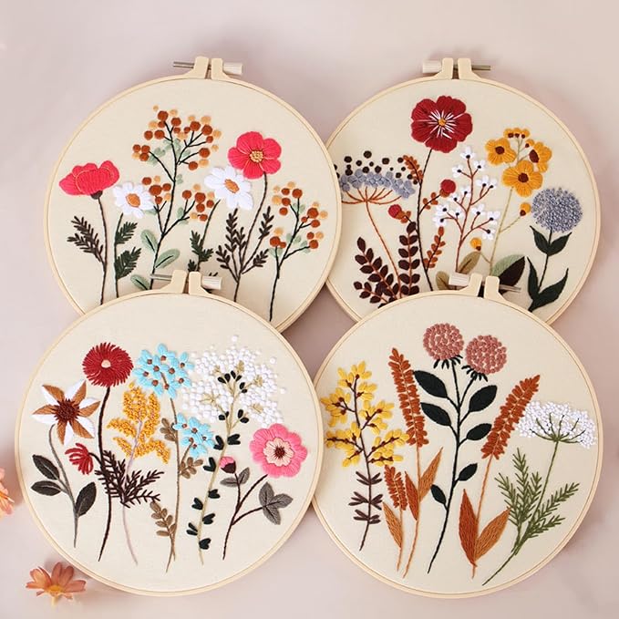 COCOMOX Floral Embroidery Kit, 4 Sets Simple Flower Pattern Embroidery Practice Kits for Beginners Adults, Easy to Follow with Video Instructions