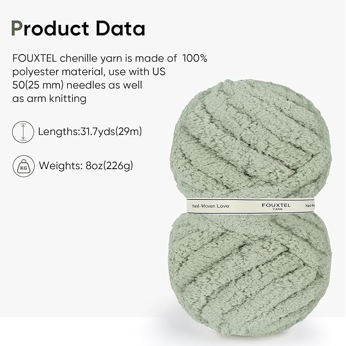 8 Jumbo Packs Chunky Chenille Yarn for Crocheting, 31.7 yds, 8 oz Each Skein Bulky Thick Fluffy Yarn for Knitting, Super Bulky Chunky Yarn for Hand Knitting Blanket, Soft Plush Yarn - Sage Green