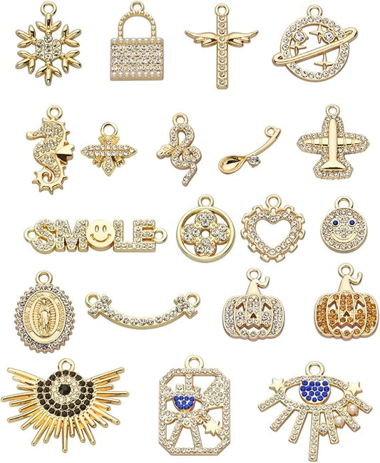 Pack of 20 Rhinestone Charms Gold Plated Pendants Pave Crystal Accessories for Necklace Bracelet Jewelry Making DIY Crafting