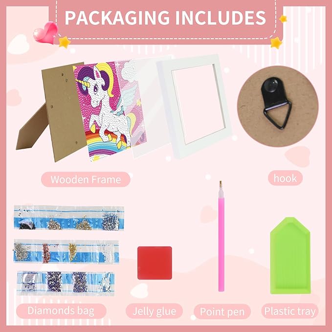 FlyingMage 5D Diamond Art Painting Kits with Wooden Frame, Cute DIY Diamond Art Mosaic Kits for Adults Women Teen, Kawaii Diamond Crafts Arts Full Drill Diamond Dots (Pink Unicorn)