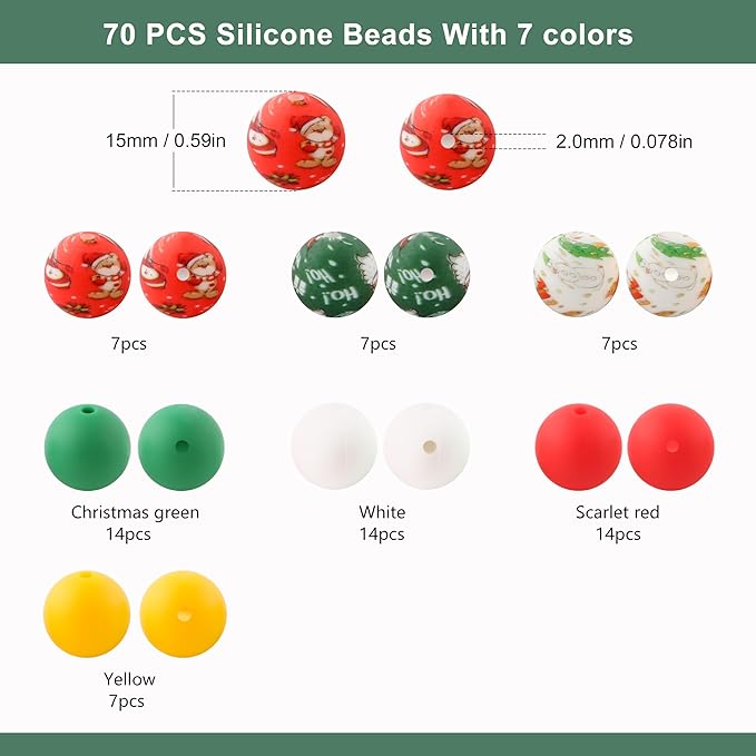 70Pcs Print Silicone Beads for Keychain Making,Round 15mm Silicone Beads for Pens, Necklace and Bracelets Making（Christmas Print）