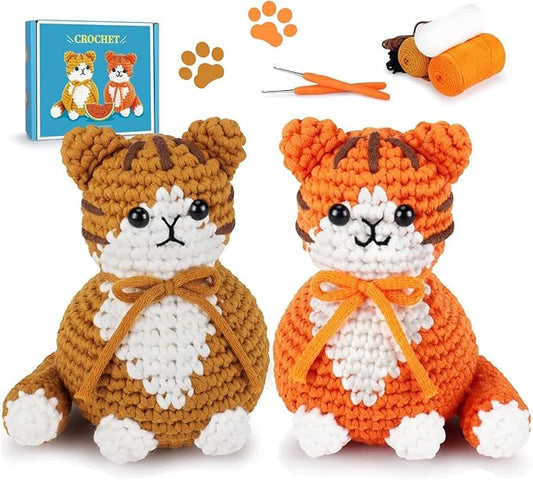 Crochet Kit for Beginners, 2PCS Cat Crochet Animal Kit with Step-by-Step Video Tutorials, Beginner Crochet Kit for Adults, Crochet Starter Kit for Women, Learn to Crochet Cats, Gifts for Birthday