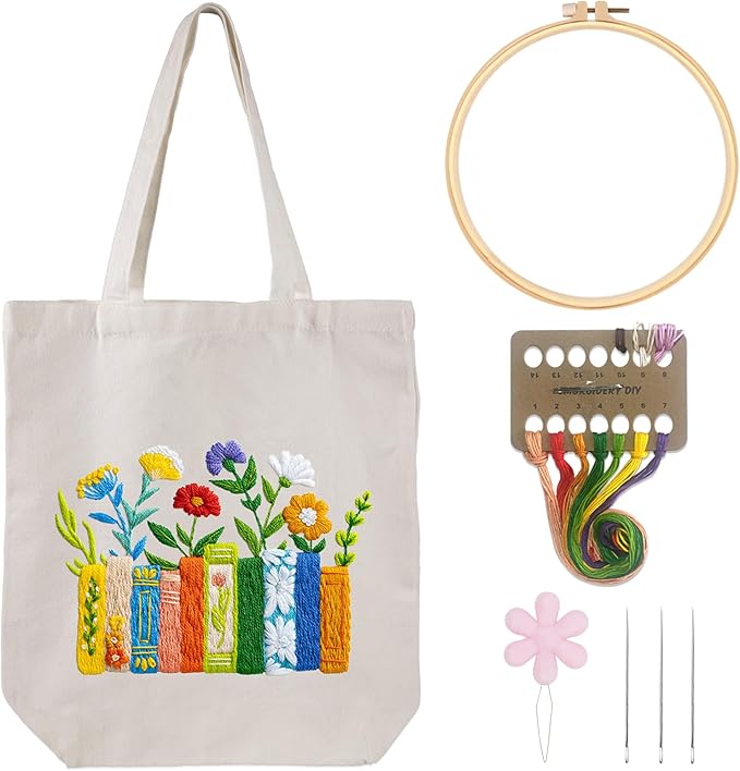 louise maelys embroidery kit canvas tote bag for beginners,cross stitch kits for adults,diy books flowers pattern,women shopping reusable grocery bags