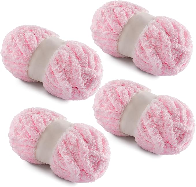 4 Pack Chunky Yarn for Hand Knitting - Chunky Chenille Blanket Yarn for Crocheting - Jumbo Fluffy Yarn for Crochet - Super Bulky Yarn 25 yds 7.7 oz Each Skein (Light Pink)