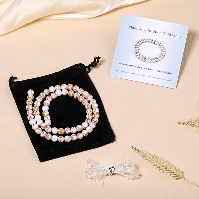 Stone Beads, 45pcs White Howlite, 8mm Round Loose Beads for Jewelry Making, Bracelets, with Bag, String & Card