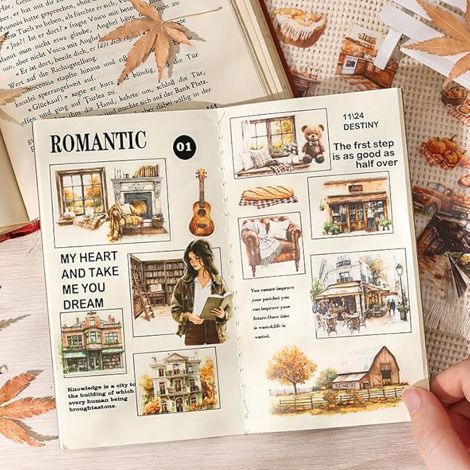 448Pcs Autumn Scenery Scrapbook Stickers for Scrapbooking Supplies, Transparent PET Aesthetic Stickers for Journaling, Junk Journal, Planner, DIY Craft Art, Scrap Booking Supples Kit