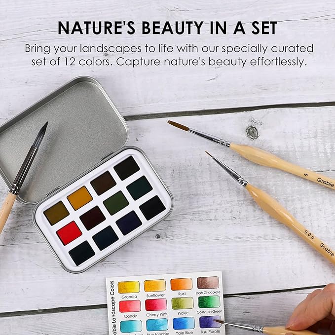 Grabie Pocket Watercolor Set of 12, Travel Watercolor Paint Set, Watercolor Paints, Art Supplies for Painting, Great Watercolor Set for Artists, Amateur Hobbyists and Painting (Landscape Colors)