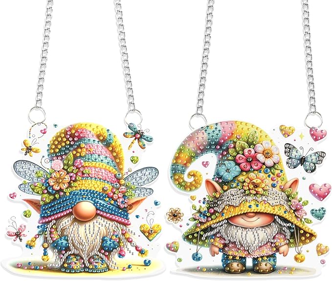 JISHSHAY Diamond Painting Pendant Gnome Wind Chimes Special Shaped Art Suncatchers Keychain Hanging Kit - 2 PCS