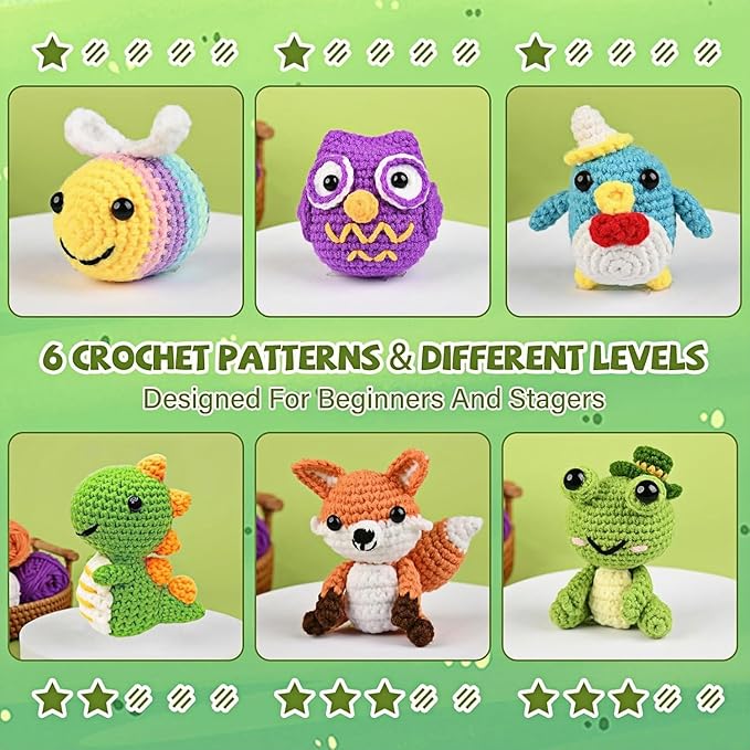 JackCao 6 Pack Crochet Kit for Beginners, 2026 DIY Craft for Adults, Crochet Animal Plush Kit with Step-by-Step Video Guides Tutorials Birthday Gift for Beginner Crochet Lovers ﻿ (Green)