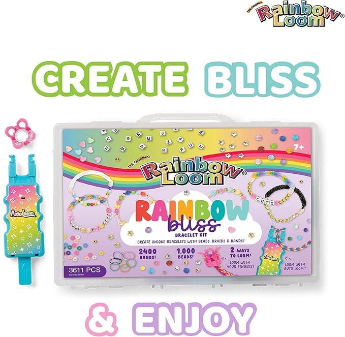 Rainbow Loom: 2,400 Bands & 1,000 Beads AutoLoom Rainbow Bliss Kit with AutoLoom & Finger Loom – DIY Braid & Bead Bracelet Jewelry Making Set for Kids 7+