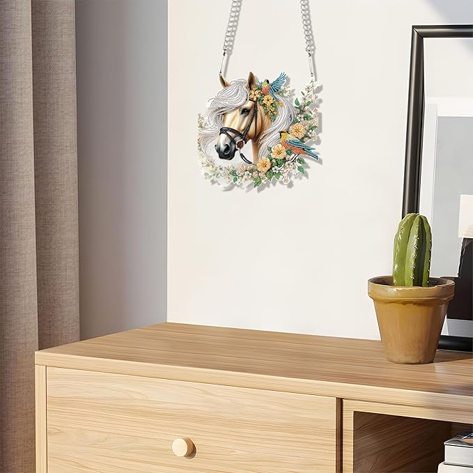 JZHYOAN Horse Diamond Painting Decorative Sign Diamond Art Hanging Kit DIY Hanging Diamonds Craft Pendant Wind Chimes with Diamonds Art Window Pendants Acrylic Pendants Crystal Arts Pendant Craft