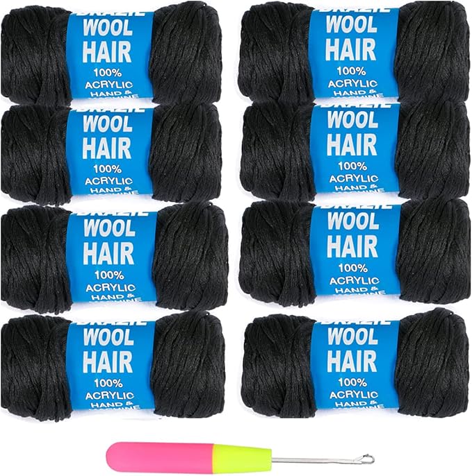 8Pcs Brazilian Yarn Wool Hair Arylic Yarn for Hair Crochet Braid Twist Warps Black Color