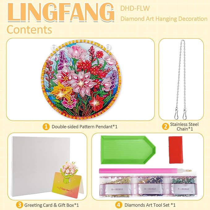Diamond Art Hanging Kit for Adult, Diamond Painting Ornament Hanging Kit, Special Shaped Rhinestone,DIY Acrylic 5D Art Window Pendants Home Garden Wall Kits,Double Sided (Flower)