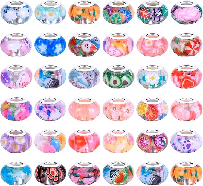 AIPRIDY Girls' Lucky Beads Lover Amber Beads, Big Hole Spacer Beads European Craft Beads for DIY Charms Bracelet Jewelry Making (Silver core Mix Color)