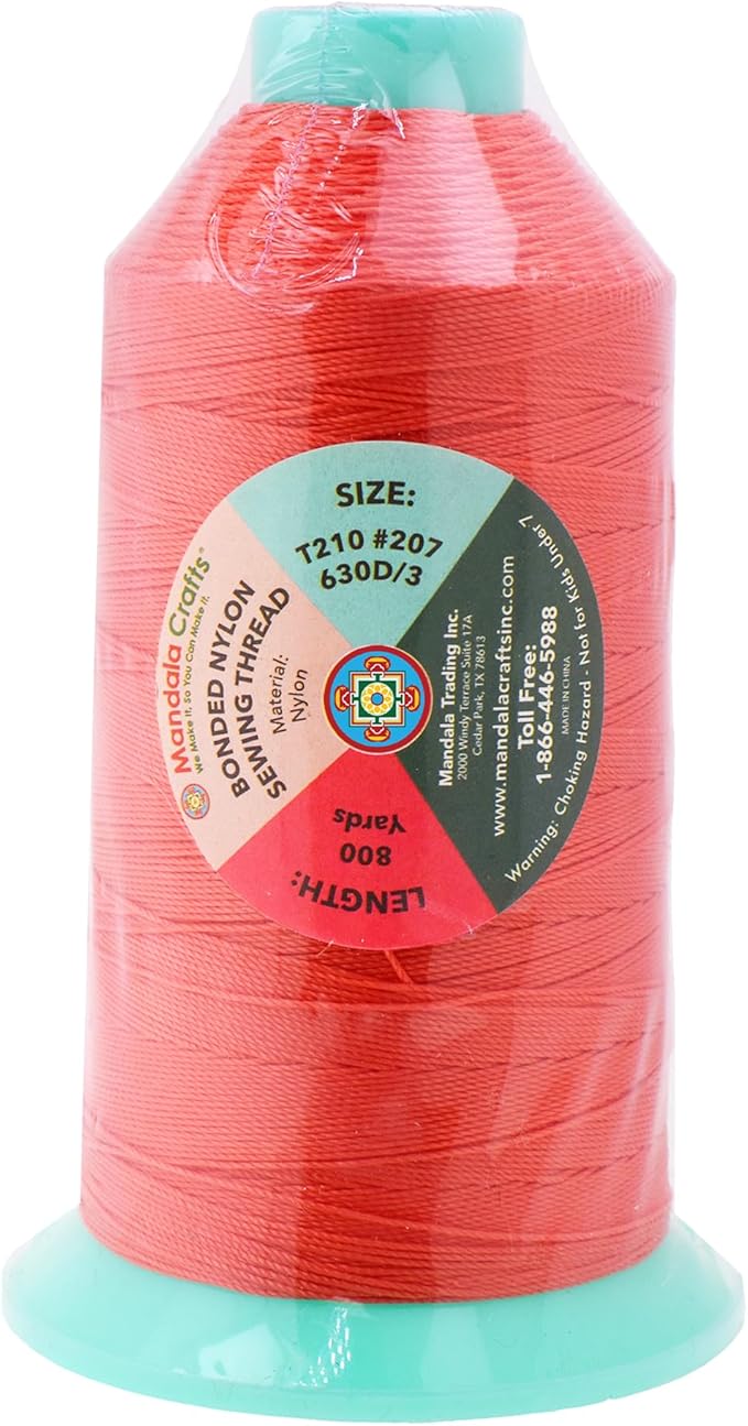Mandala Crafts Size 207 630D T210 Bonded Nylon Thread - Coral 800 YDs Tex 210 Heavy Duty Sewing Threads for Leather, Jeans, Weaving, Outdoor Marine Upholstery