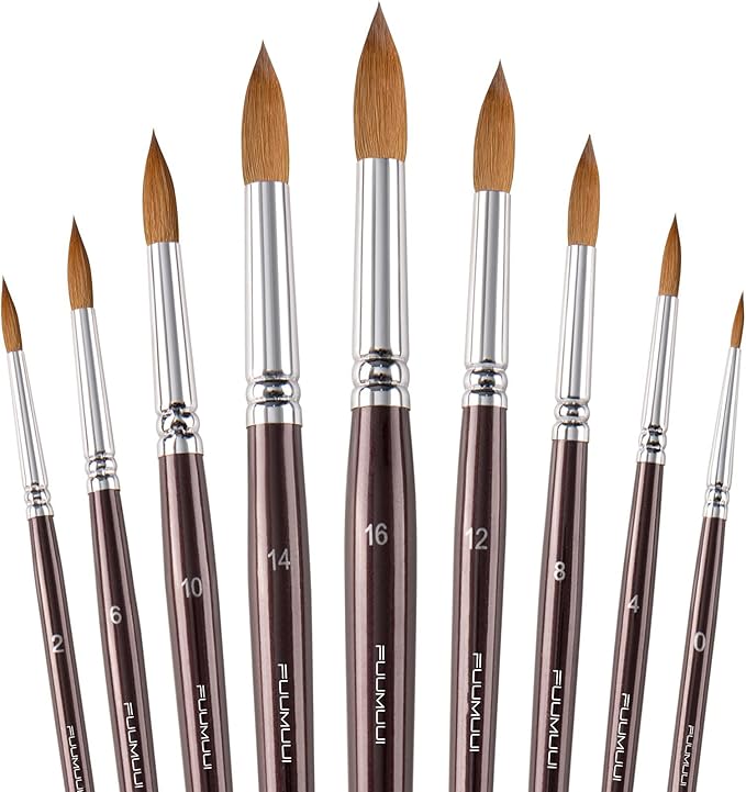 Sable Watercolor Brushes 9pcs Professional Superior Kolinsky Watercolor Paint Brushes for Artists Round Pointed Oval Wash for Watercolor Acrylics Gouache Inks Painting