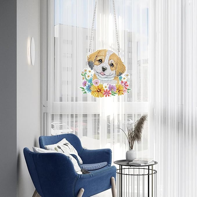 AiYuanzsh DIY Dog Diamond Art Hanging Kit, Floral Special-Shaped Acrylic Rhinestone Diamond Painting Pendant Ornament for Home, Garden, or Wall Decor Gift