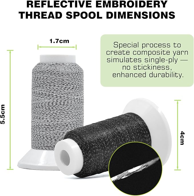 High-Visibility Reflective Embroidery Thread Kit Improved Night Safety, 2X200M(218Yds) Each Spool Polyester Sewing Machine Thread Suitable for Hand Embroidery, Sewing, Quilting (Black&Gray)